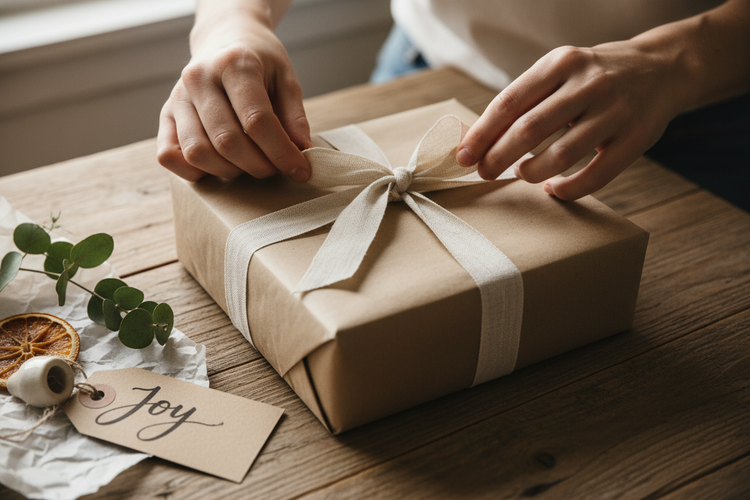 Gift wrapped in kraft paper and natural accents on a neutral background and wooden tabletop.