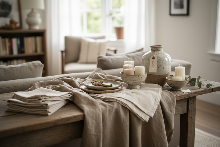 Natural home decor items placed on a wooden table with a 'Sale' sign with a neutral background.