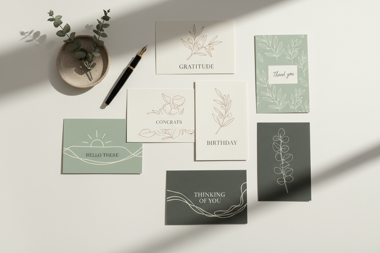 Green and natural tone stationery and paper goods on a white tabletop with natural elements.