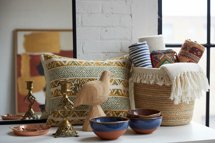 An eclectic close-up featuring a curated mix of diverse artisan pieces - vintage meets modern, global-inspired alongside contemporary, with varied textures and styles that create an interesting, worldly aesthetic.