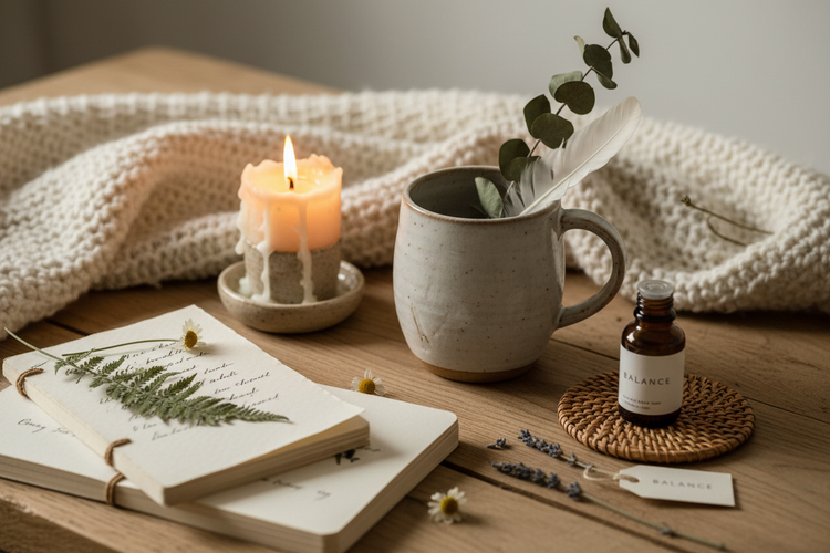 Natural self care and cozy items on a neutral background.
