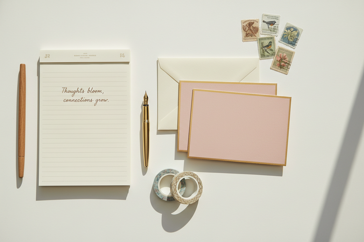 A collection of stationery items on a white desktop.