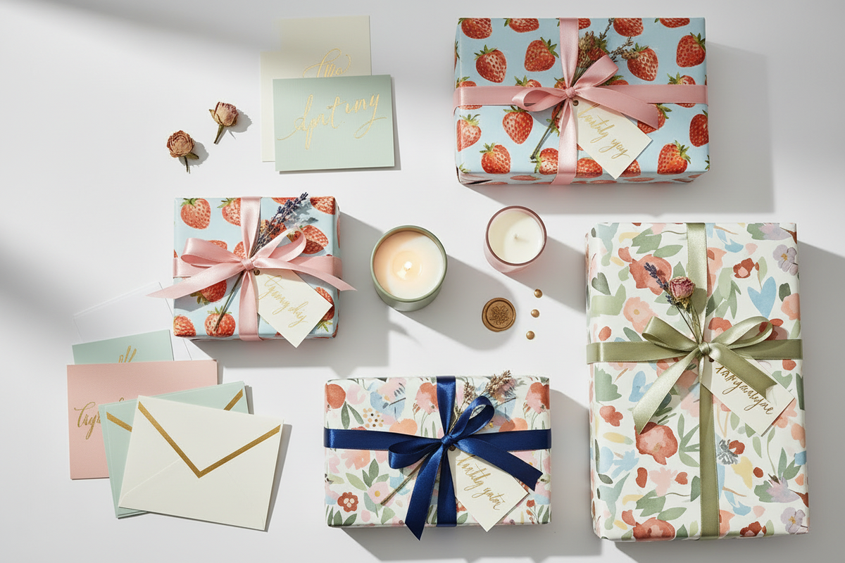 Small gift box next to a vase of yellow tulips and a card with 'MOM' surrounded by a heart.