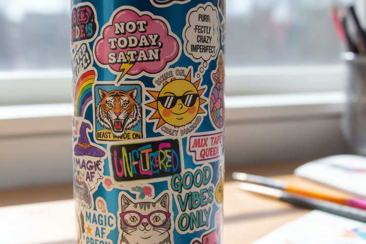 Various sassy, eclectic stickers displayed on a water bottle, expressing support, allyship, and personal style.