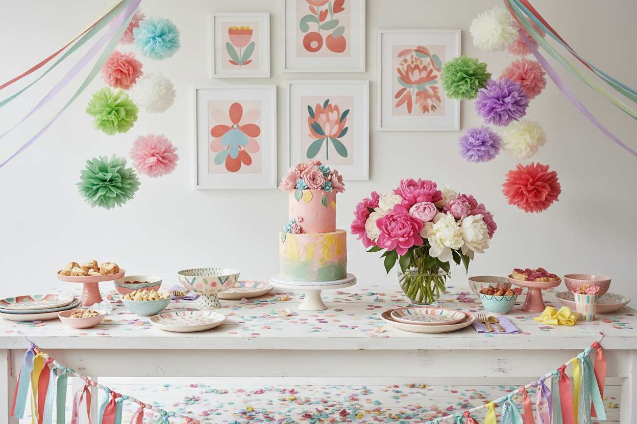 Colorful party decor for a birthday celebration with a variety of summer colors and on a neutral background.