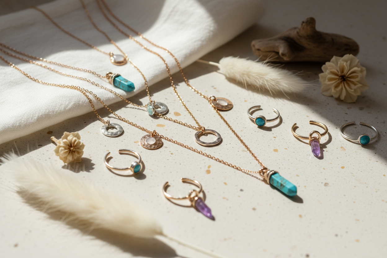 Artisan jewelry displayed on natural linen with accent details, highlighting the gemstones and their sparkle in natural sunlight.