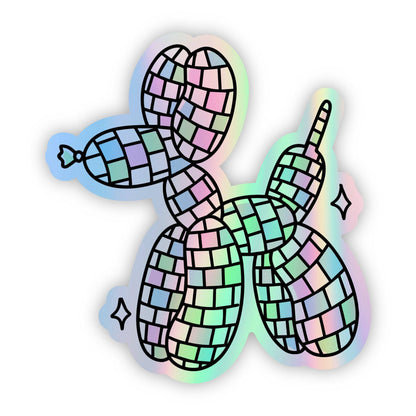 Close up of Holographic Disco Ball Balloon Dog sticker on laptop, water bottle, and phone case