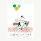 Close-up of whimsical baby card design with fine printed detail