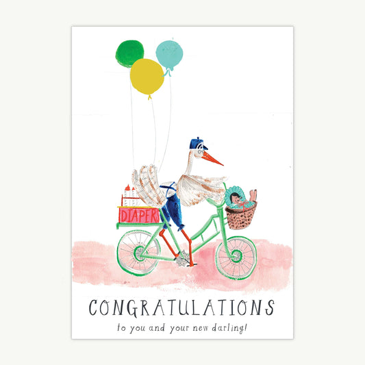 Close-up of whimsical baby card design with fine printed detail