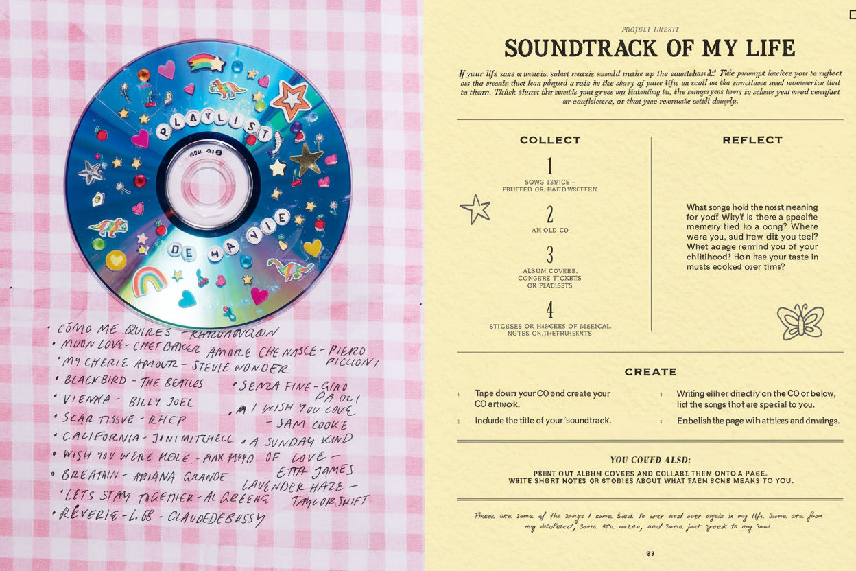 CD with decorative stickers on a pink checkered background with text and instructions.
