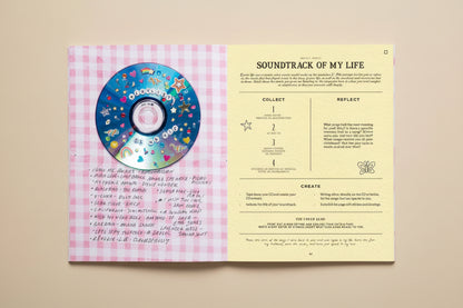 CD with decorative stickers on a pink checkered background with text and instructions.