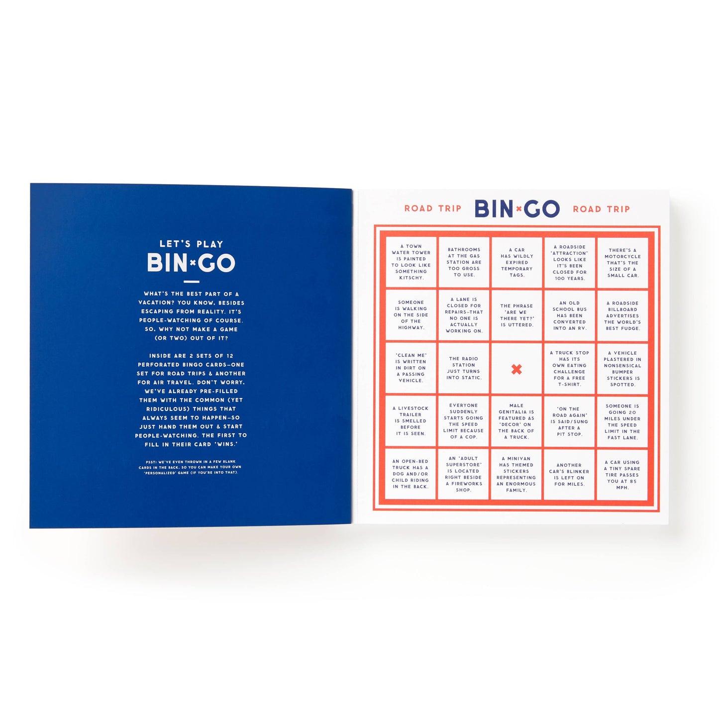 Brass Monkey Survive a Vacation Bingo Book open with pre-filled road trip-themed cards