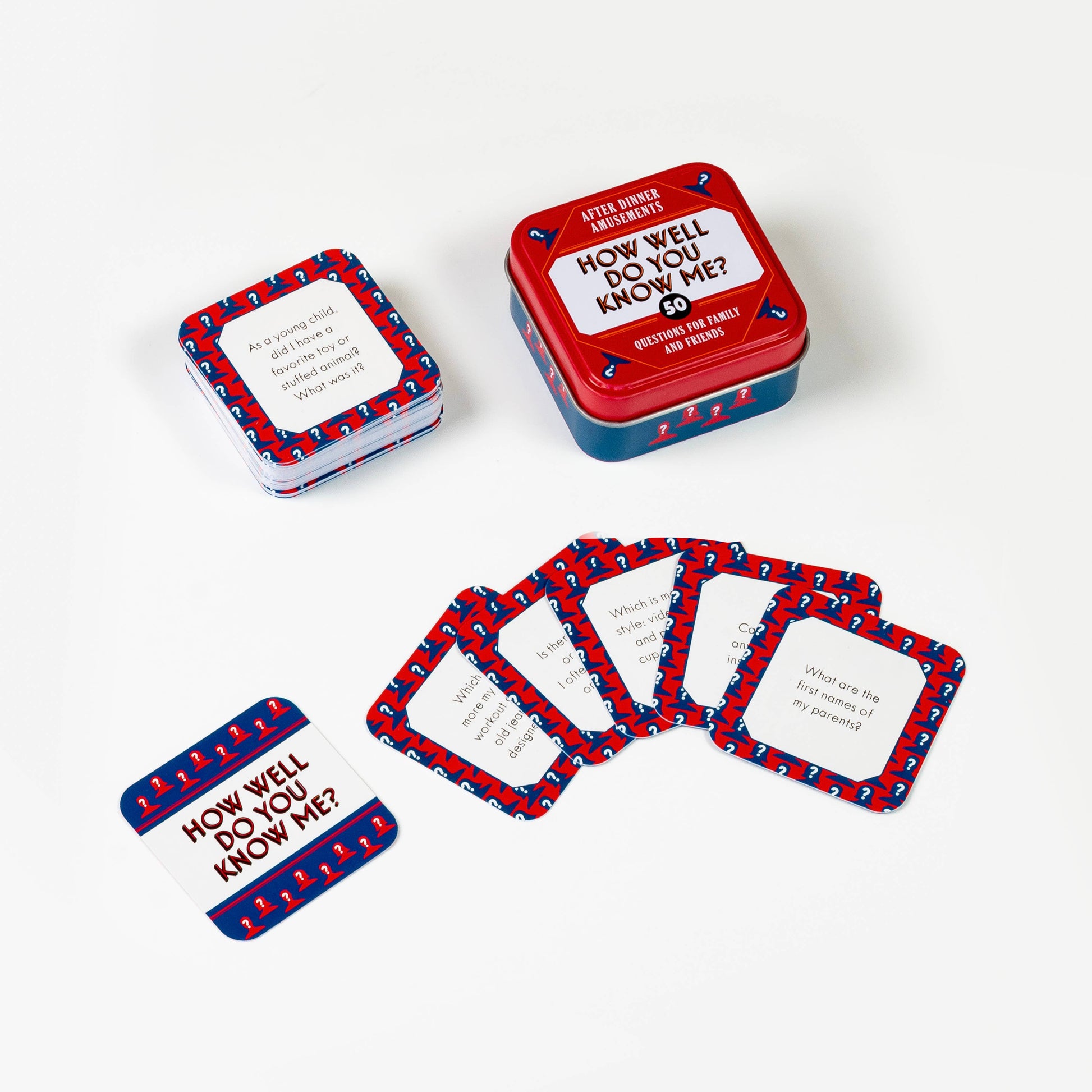 Card game 'How Well Do You Know Me?' with cards and a tin on a white background