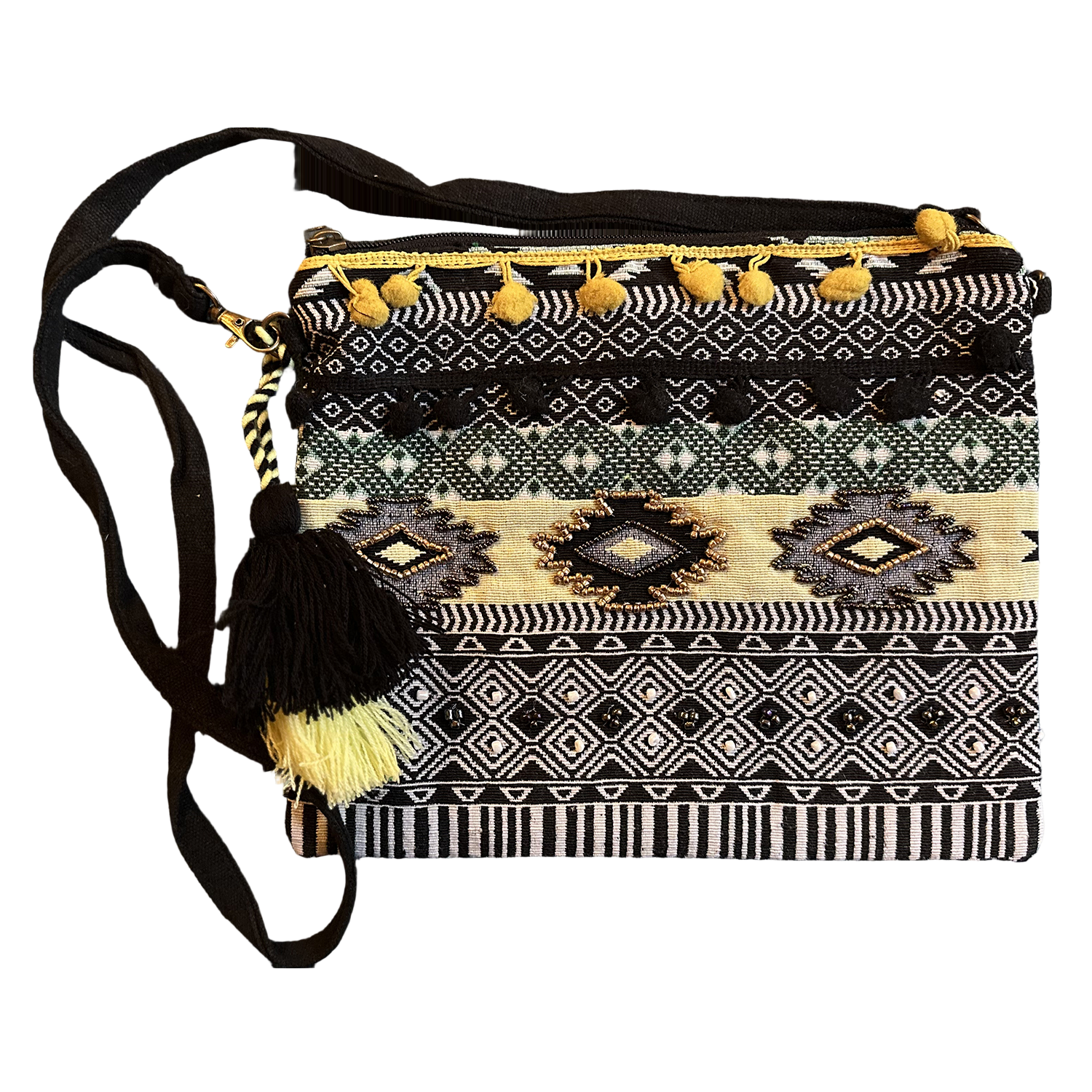 Patterned handbag with tassels on a white background