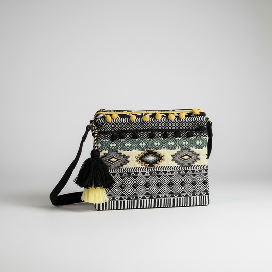 Patterned handbag with tassels on a white background