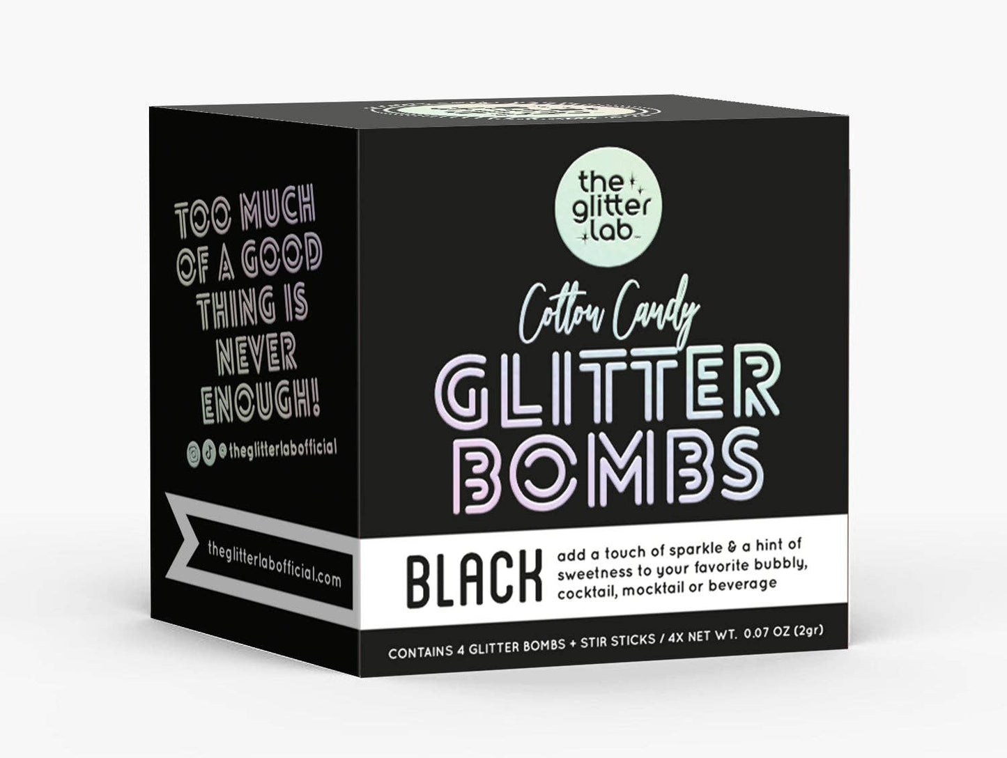 Box of Black Glitter Bombs with pouches and stir sticks, ready to elevate your next event.