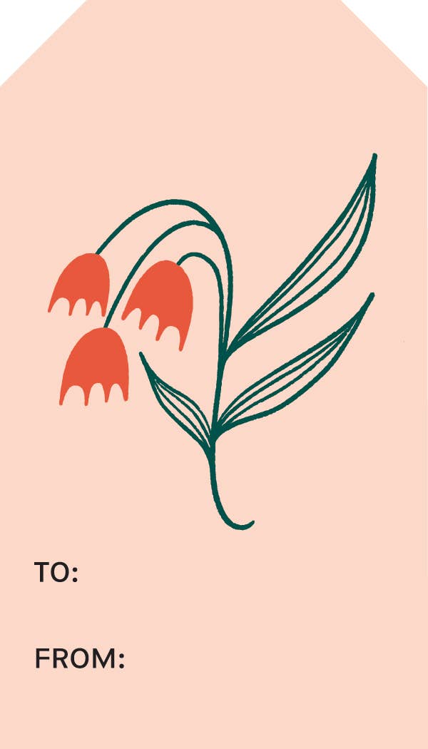 Close up of red tulip floral design on the front of the gift tag - along with "To:" and "From:"