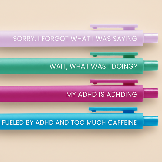 Colorful pens with humorous text on a white background