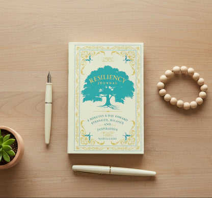 'Five Minutes to Resilience Journal' cover with a tree illustration and decorative elements on a wooden desk, plant and stationery accessories