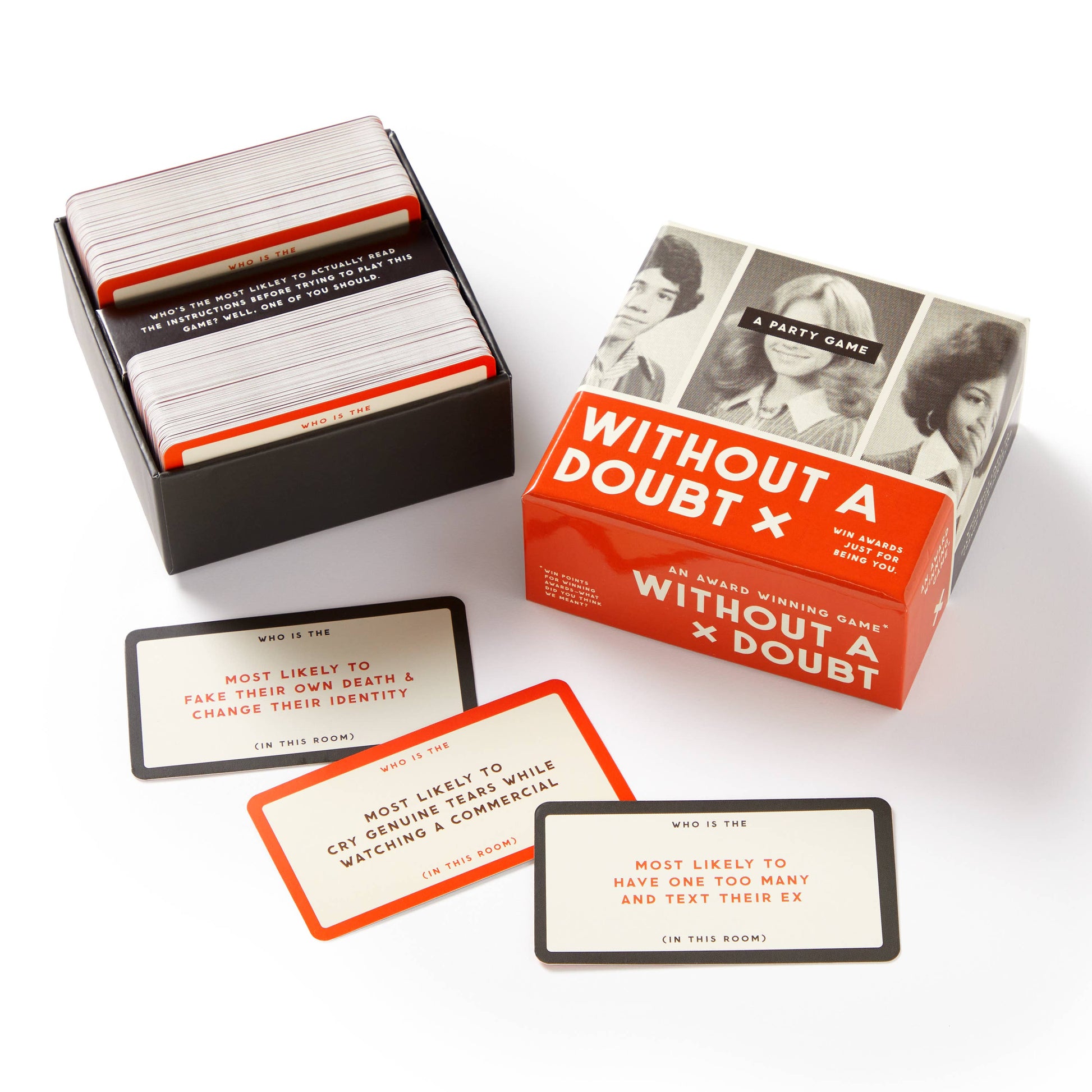 Card game 'Without a Doubt' with cards and packaging on a white background