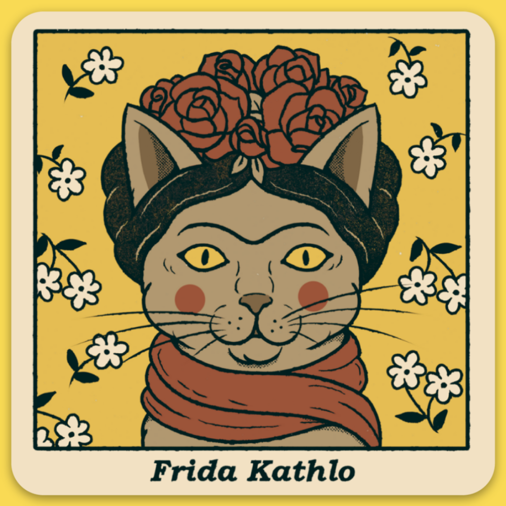 Frida Kathlo Cat Sticker – Creative, Whimsical Art Sticker for Cat Lovers & Art Enthusiasts