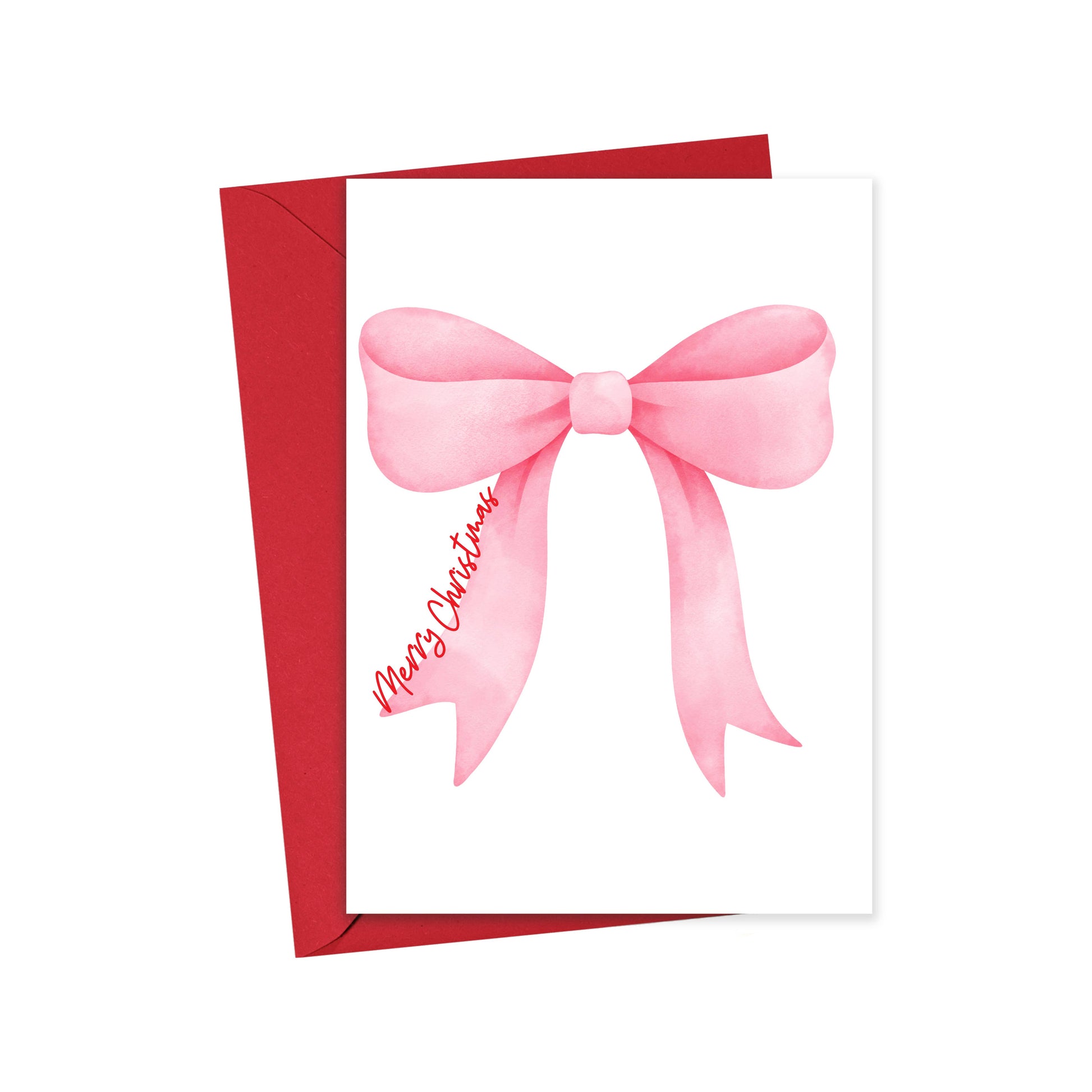 Pink bow Christmas card with “Merry Christmas” message on white background
