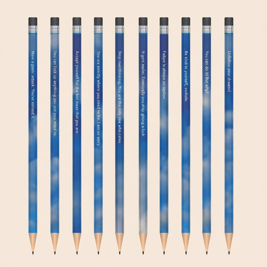 Full set of 10 disappointing affirmation pencils fanned out 