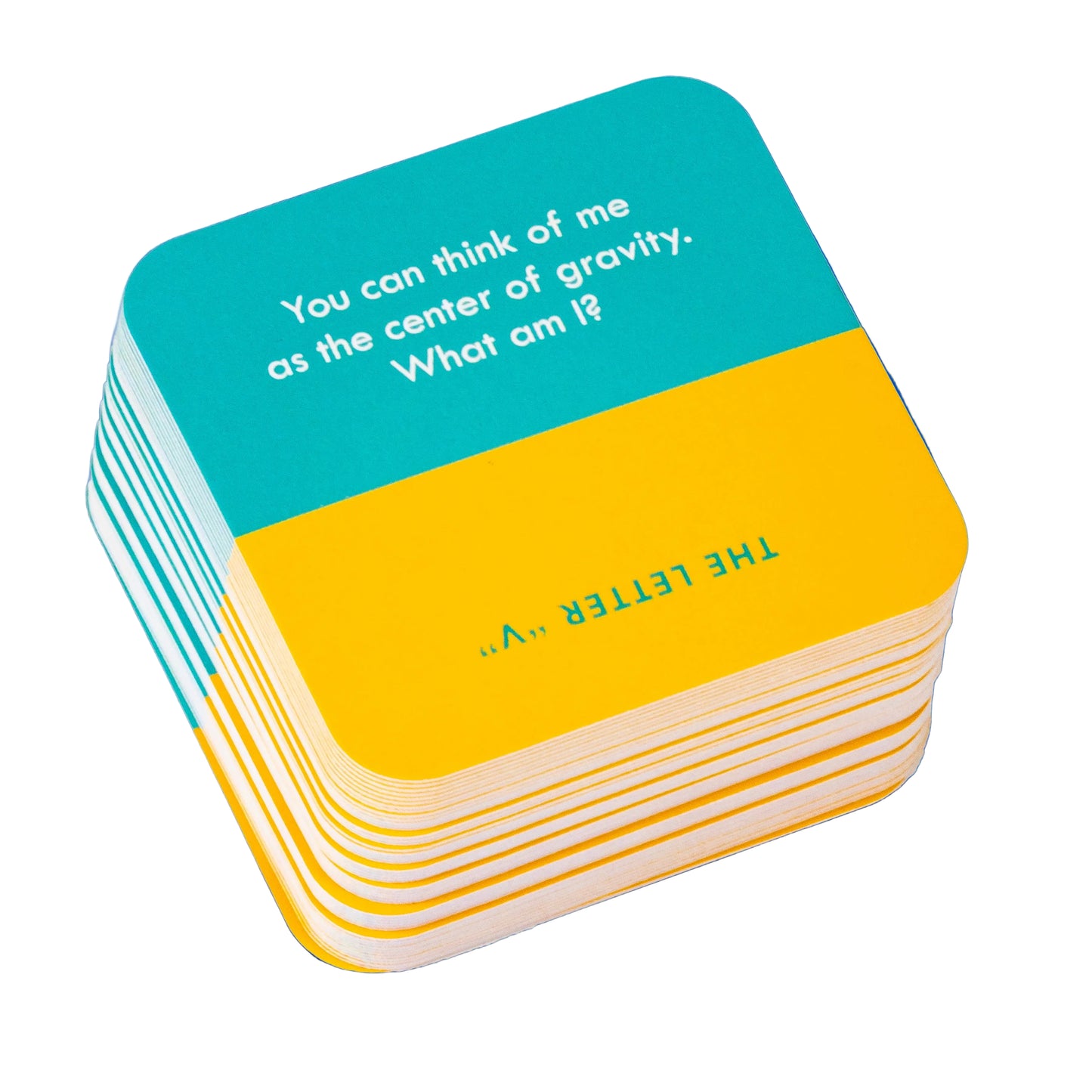 Stack of colorful cards with text on a white background