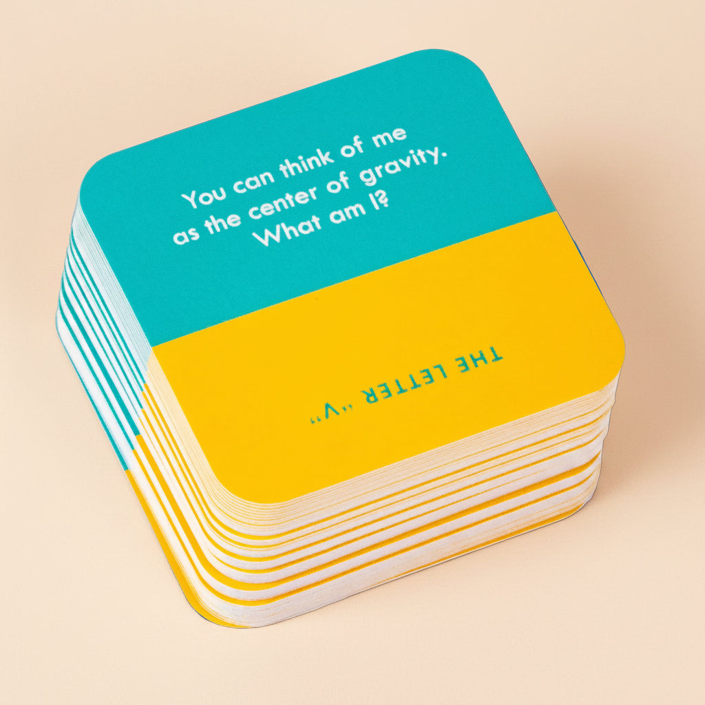 Stack of colorful cards with text on a white background