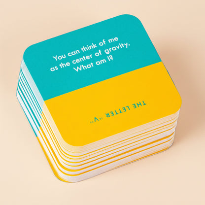 Stack of colorful cards with text on a white background