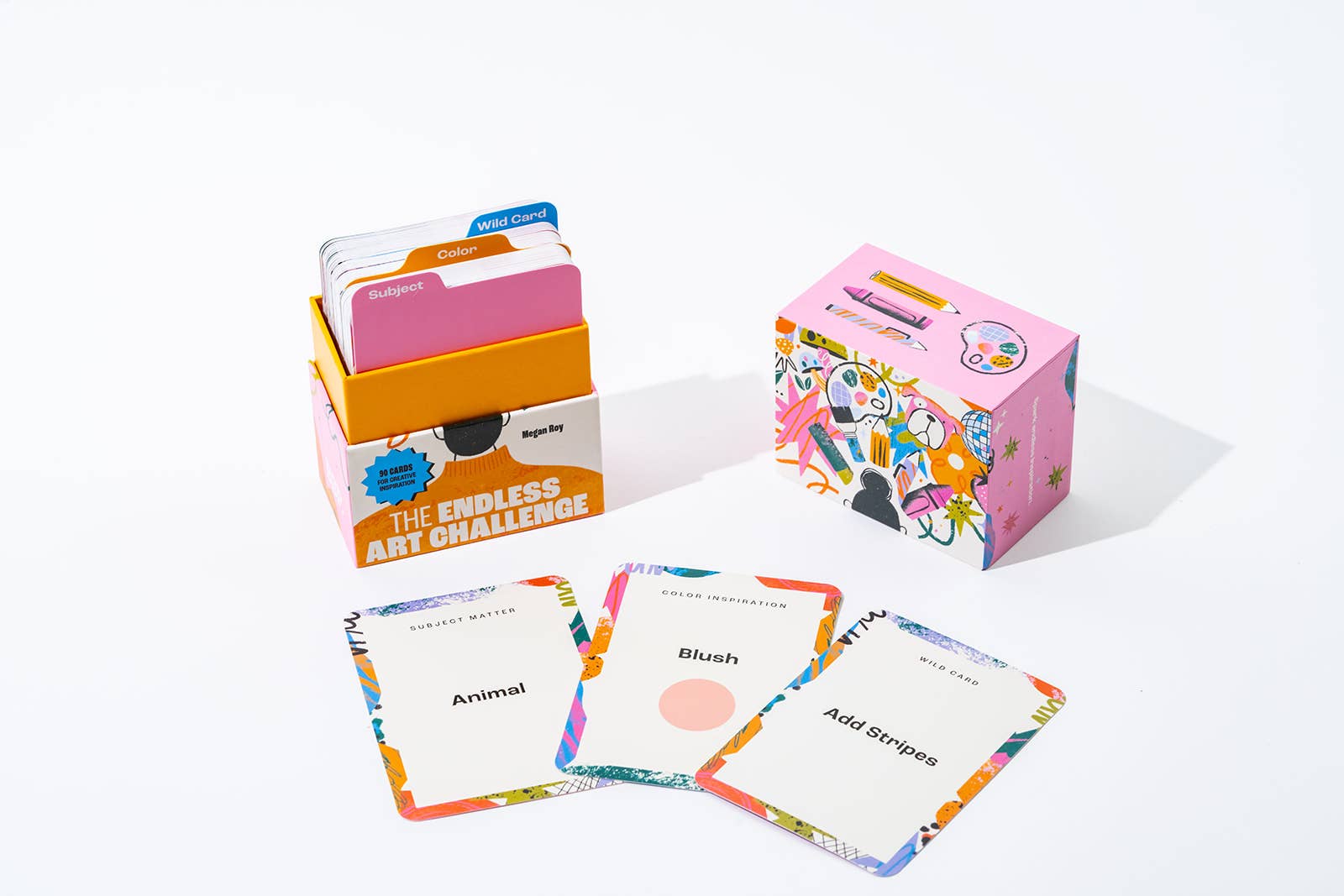 Colorful art challenge cards and packaging on a white background