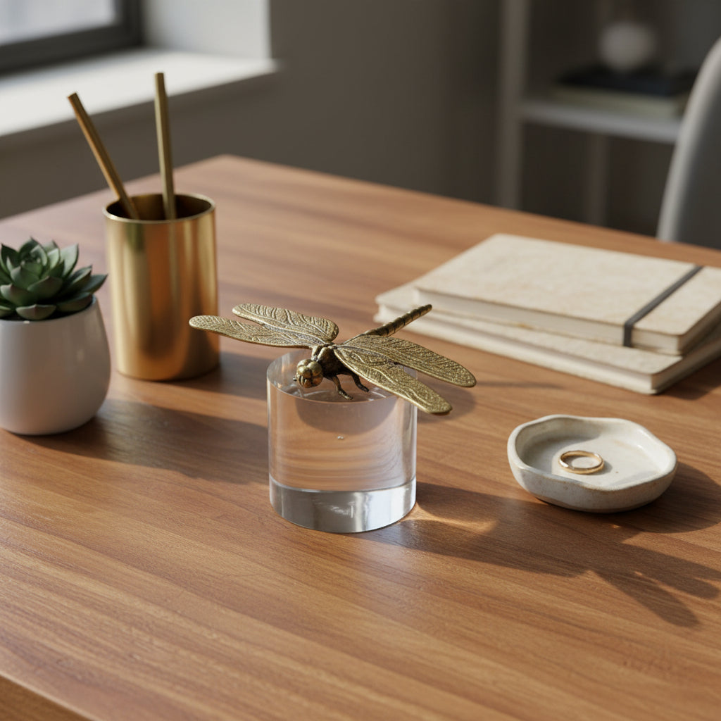 Bronze dragonfly sculpture on a clear pedestal on a desk with other desk accents and natural lighting.