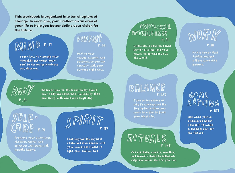 Workbook chapter headings on a blue background