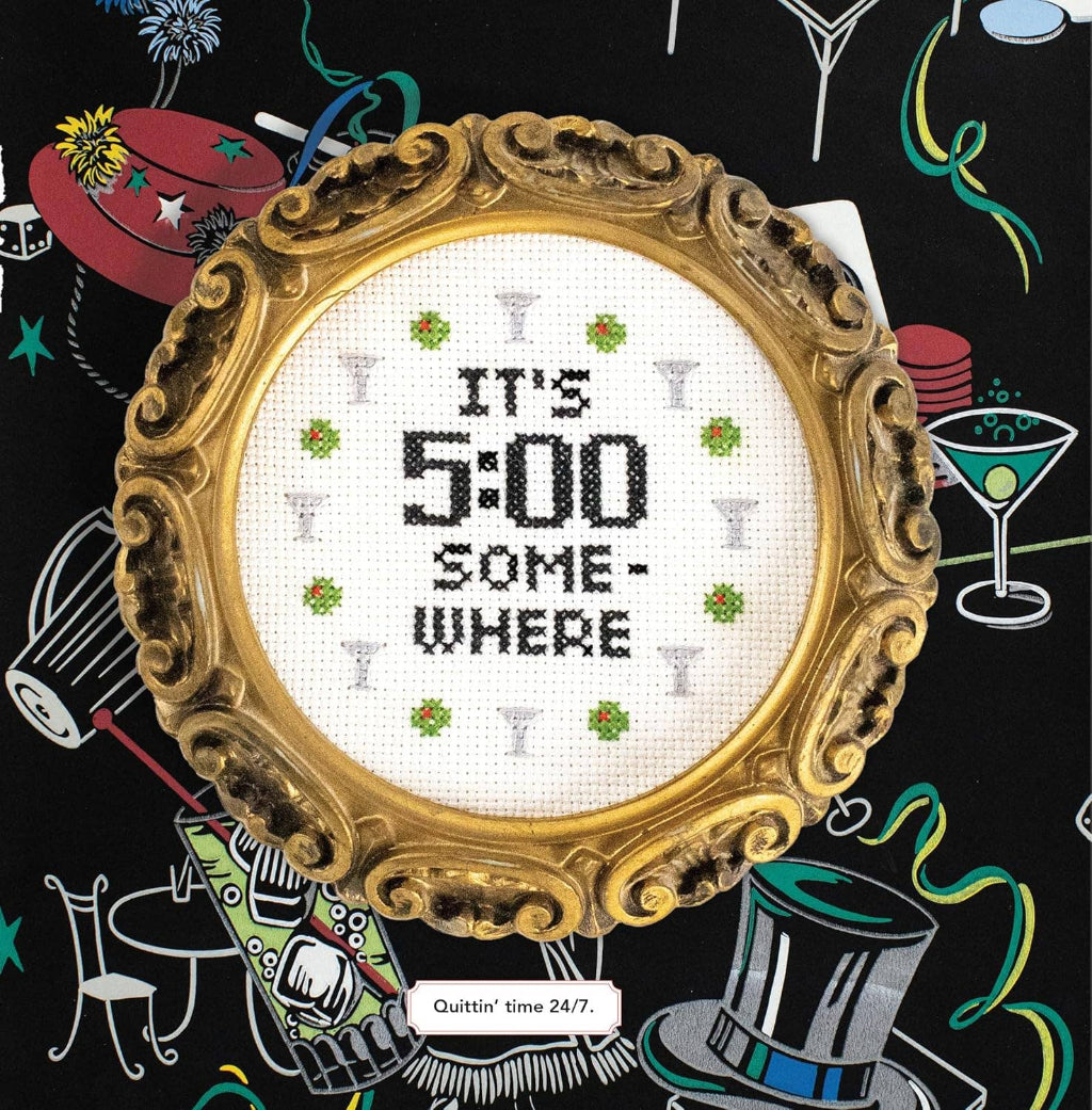 Decorative cross-stitch with 'It's 5:00 Somewhere' text in a gold frame against a festive background.
