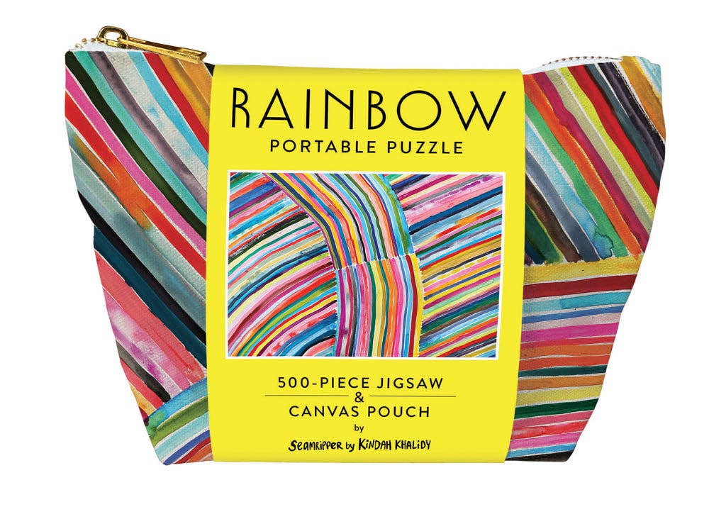 Puzzle pieces spilling from the zippered canvas pouch in coordinating design