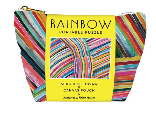 Puzzle pieces spilling from the zippered canvas pouch in coordinating design