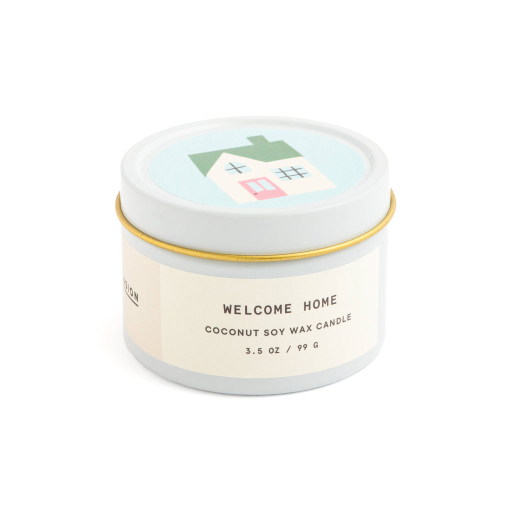 Vanilla and espresso scented candle in white tin with corked vial of colorful matchsticks, packaged in a clear vinyl gift box.