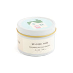 Vanilla and espresso scented candle in white tin with corked vial of colorful matchsticks, packaged in a clear vinyl gift box.