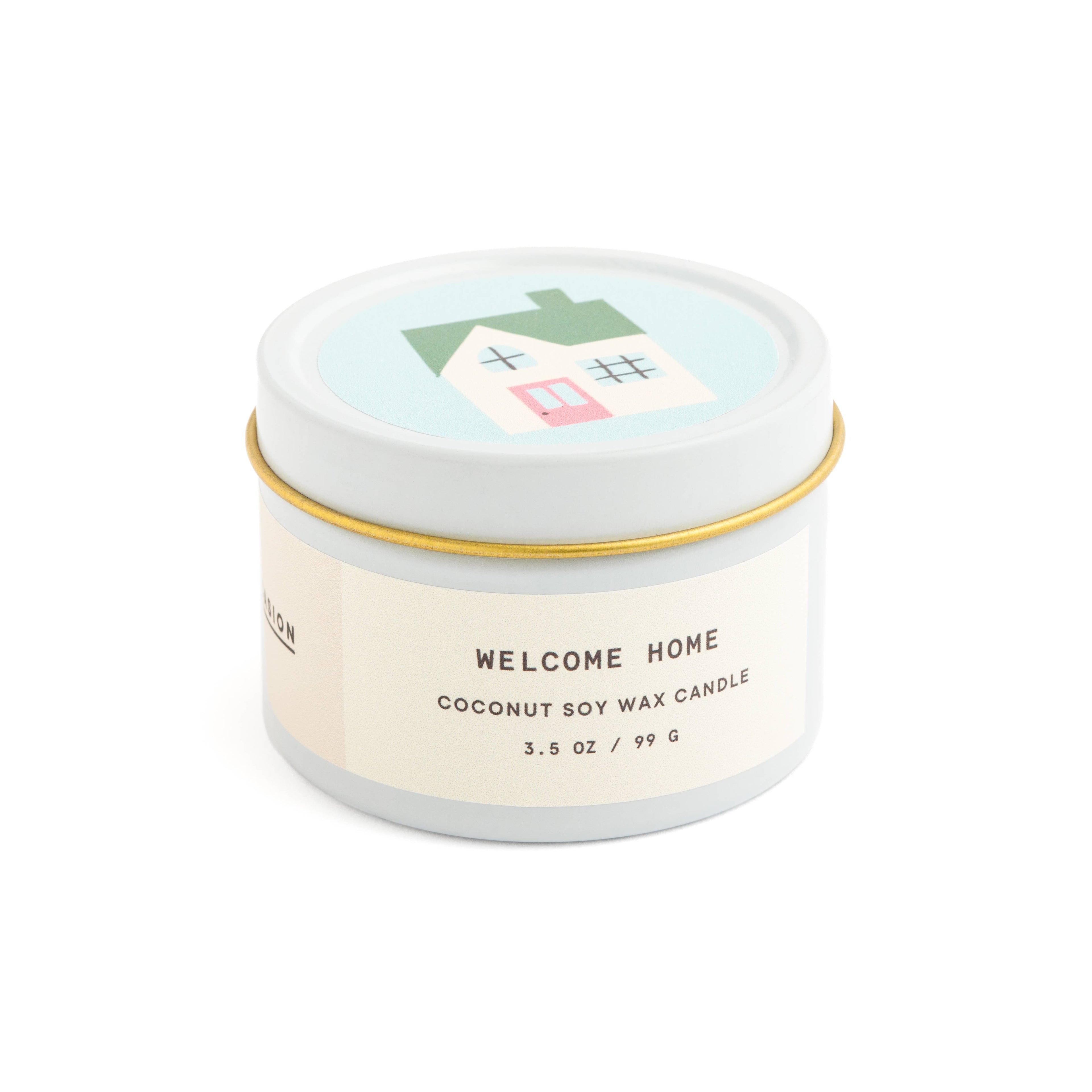 Vanilla and espresso scented candle in white tin with corked vial of colorful matchsticks, packaged in a clear vinyl gift box.