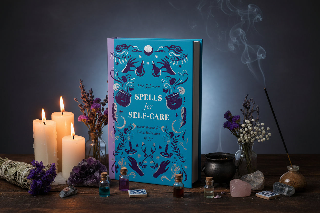 Book cover of 'Spells for Self-Care' with decorative elements on a blue background