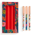 Trio of Liberty London pens displayed diagonally with floral-patterned barrels
