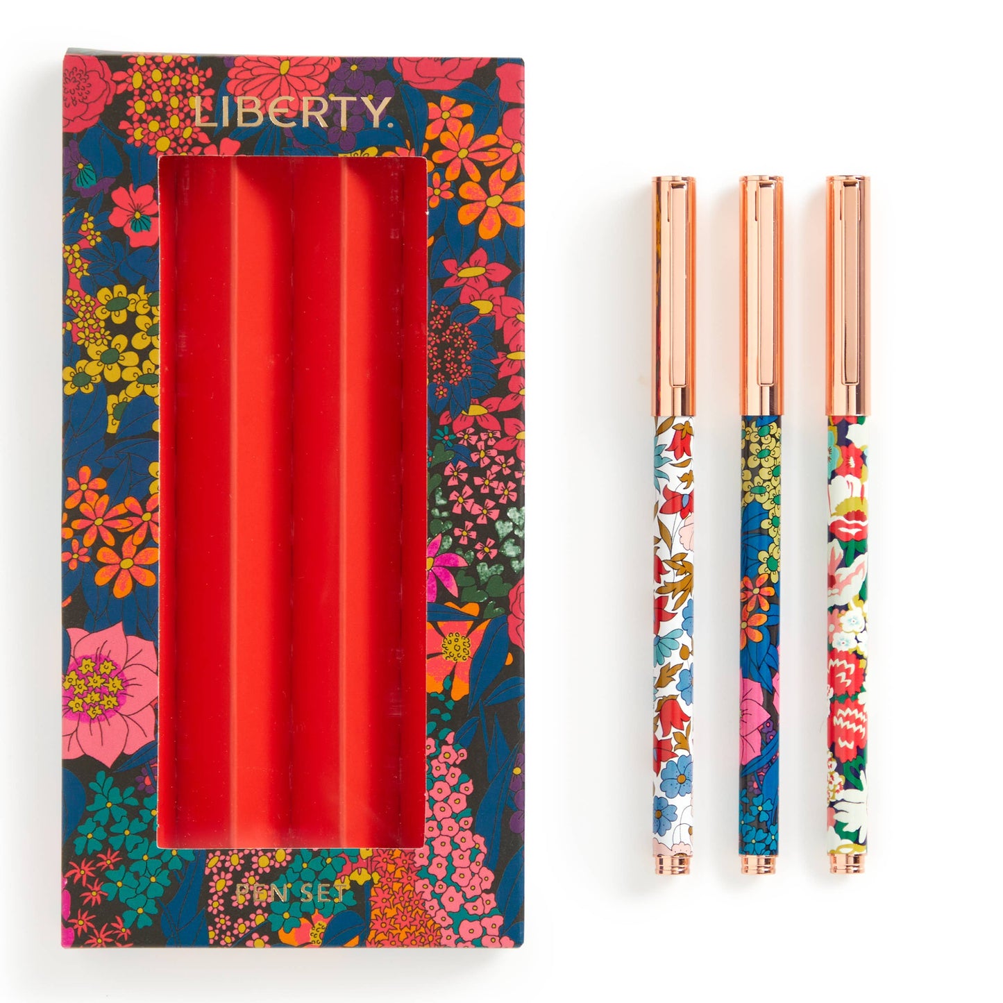 Trio of Liberty London pens displayed diagonally with floral-patterned barrels