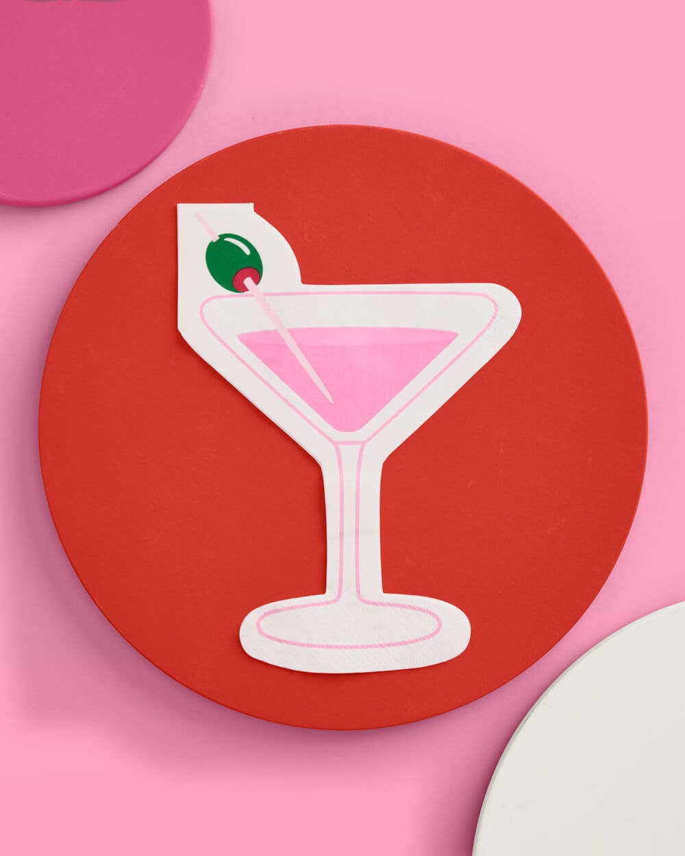 "Extra Dirty" martini-themed paper napkins with a printed pink martini glass and green olive, perfect for cocktails, birthdays, and celebrations.