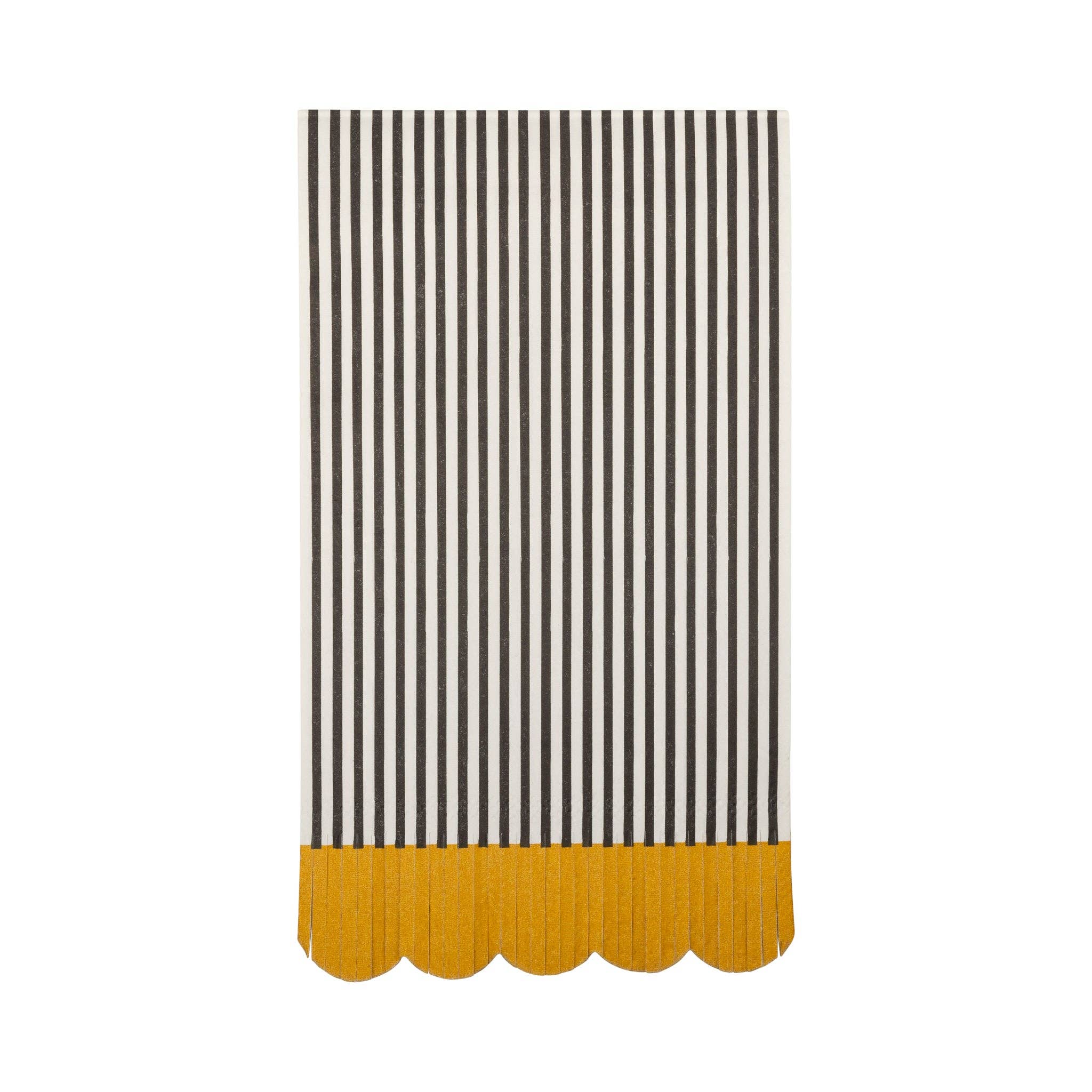 Close up of the black and cream striped dinner napkins with fringe and scalloped edges