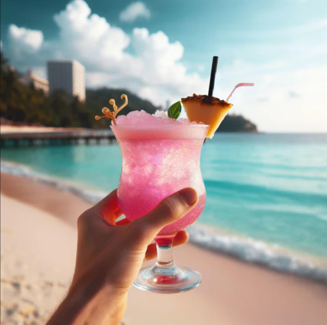 A close up of a cotton candy infused with edible glitter, that has dissolved into a tropical drink.