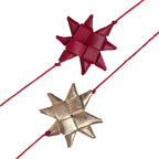 Two star-shaped decorative bows, one red and one gold, on a white background.