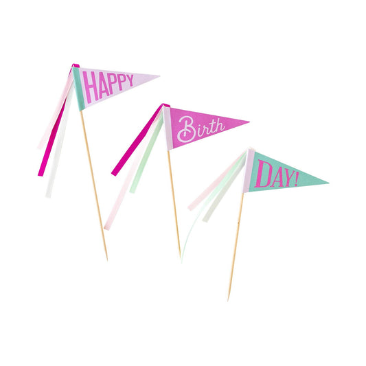 Three birthday-themed pennant flags on sticks with 'Happy Birth Day!' text on a white background.