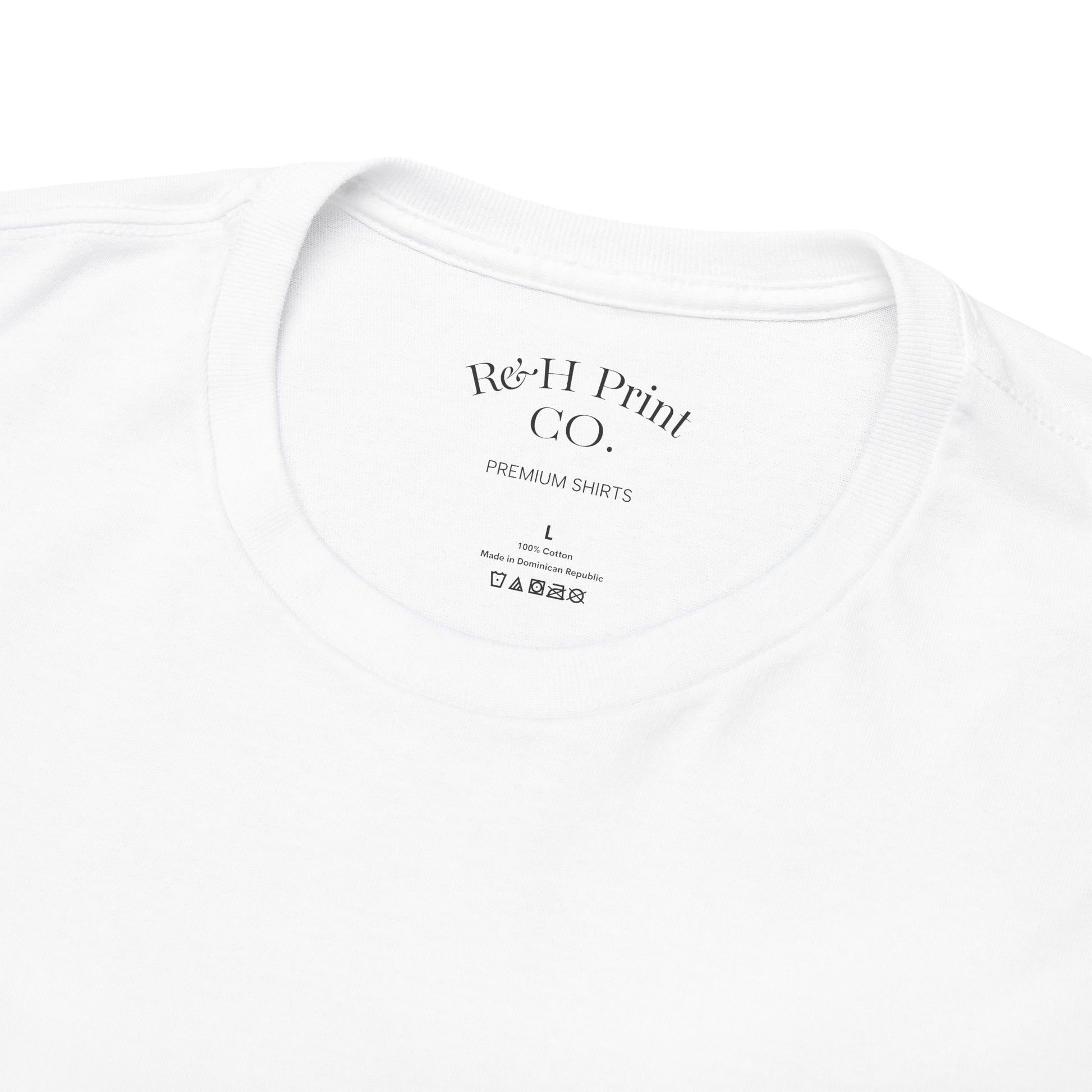 White t-shirt with 'R&H Print Co.' branding on a white background