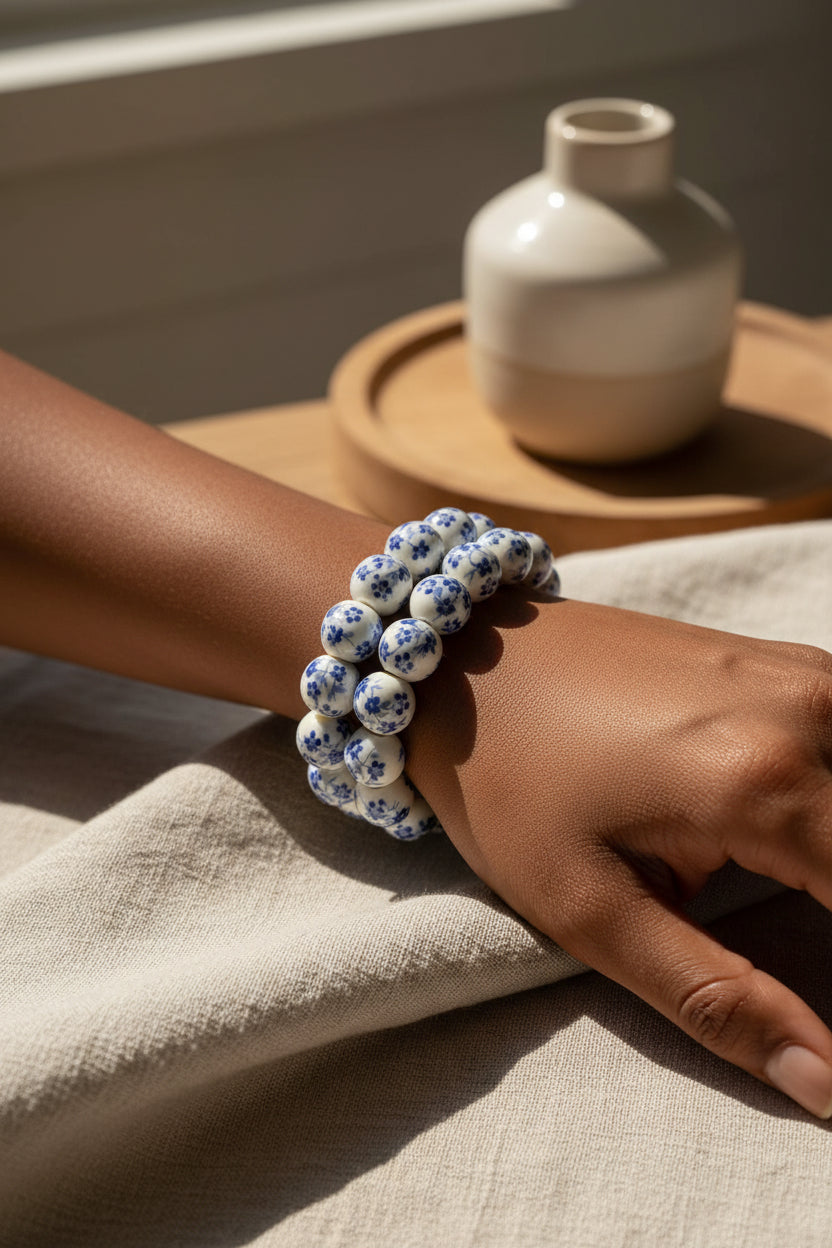 White bracelet with blue floral pattern being worn on the wrist with natural decor and a neutral background