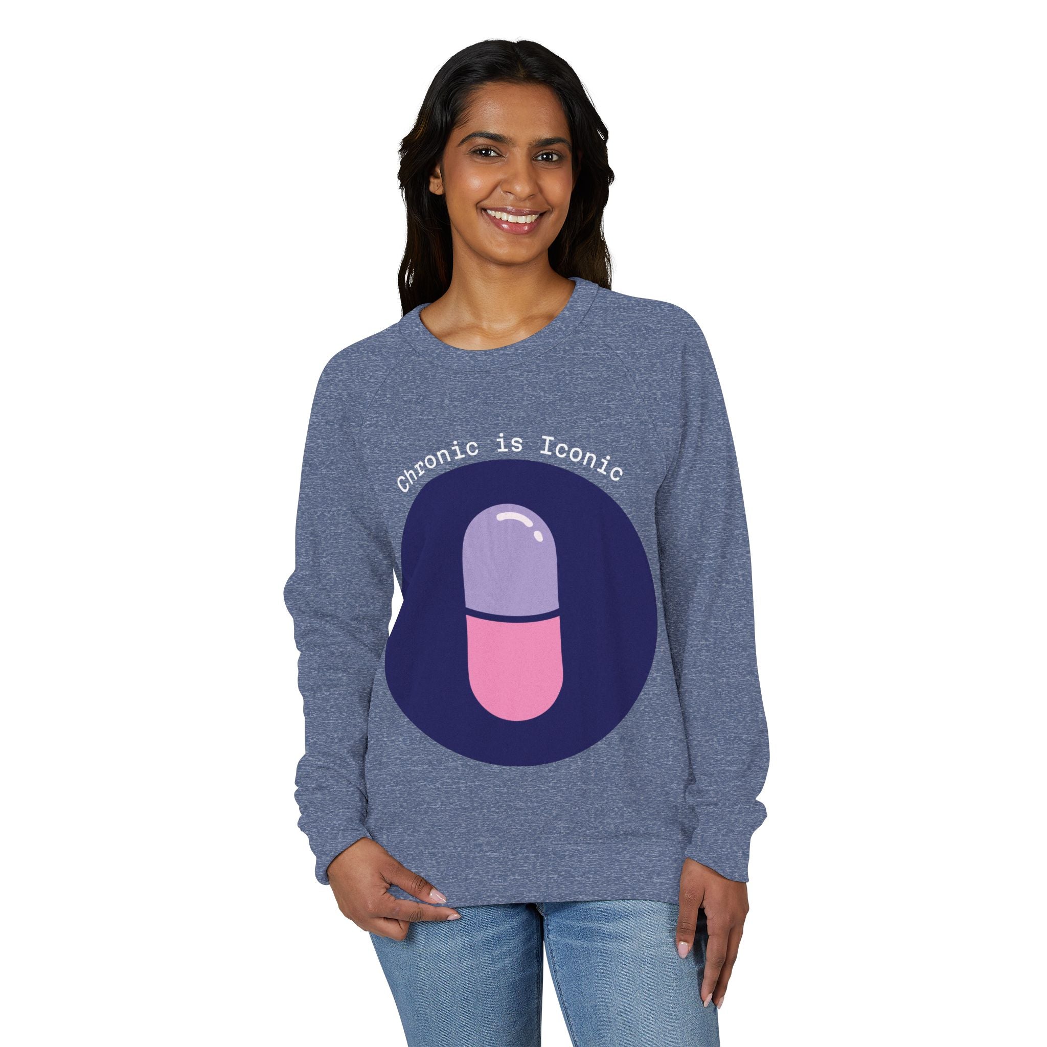 Woman wearing a blue sweatshirt with a graphic design and text on a white background